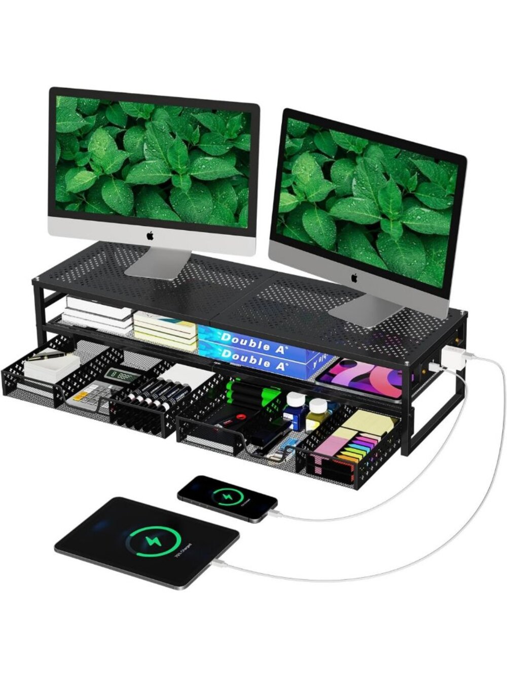 2-Tier Metal Dual Monitor Stand with USB Ports & 2 Storage Drawers - Black